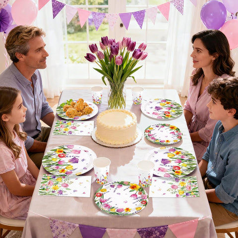 244Pcs Floral Tulip Party Supplies Lavender Serves 24 - Grencian