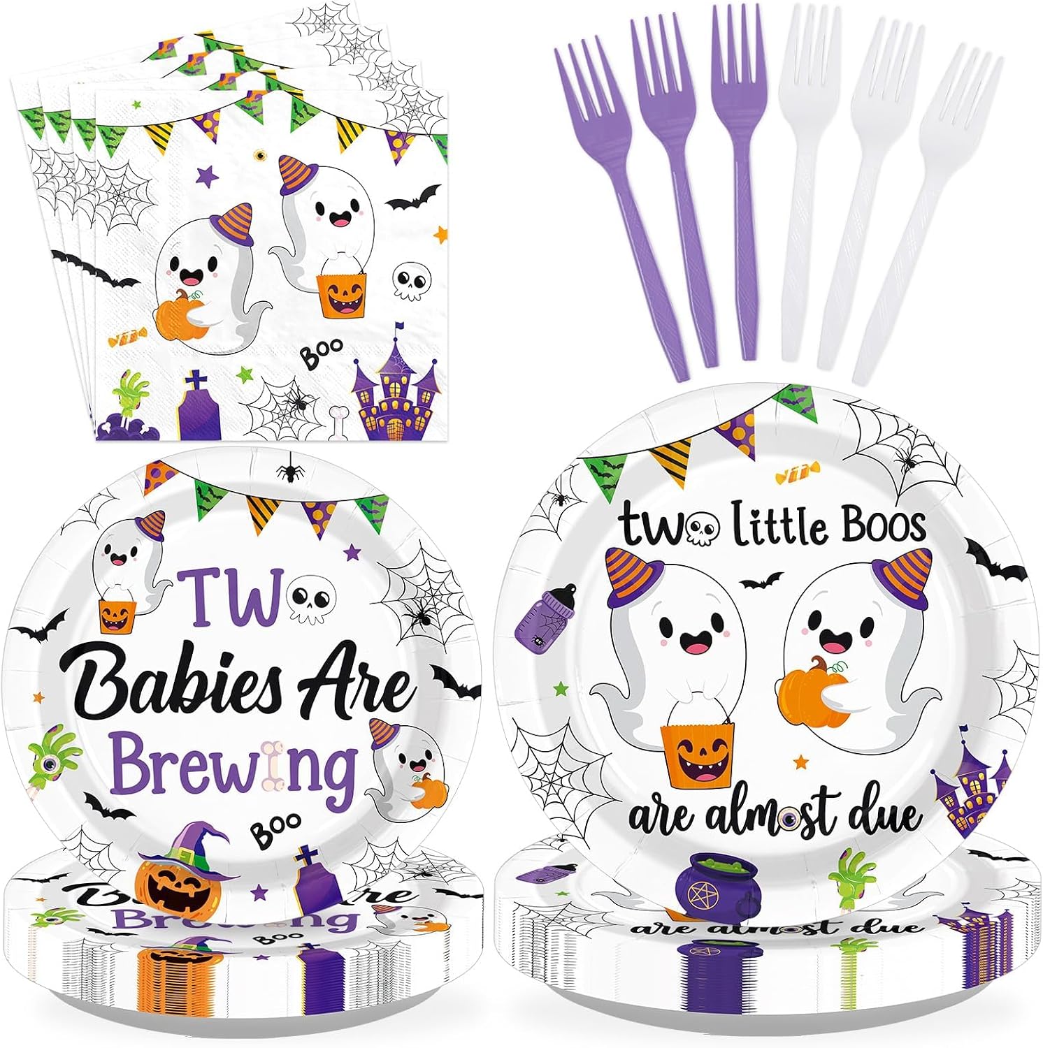Grencian 96Pcs two little boo twins baby shower plates and napkins