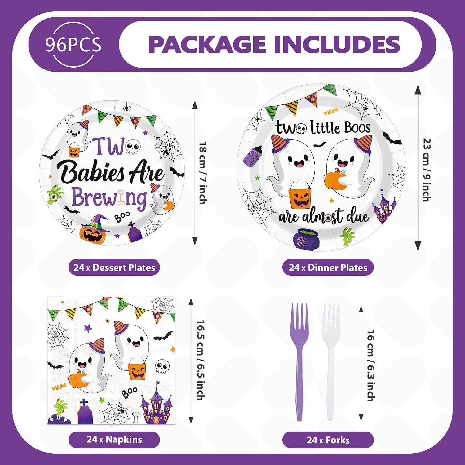 Package contents of the Halloween twins baby shower set