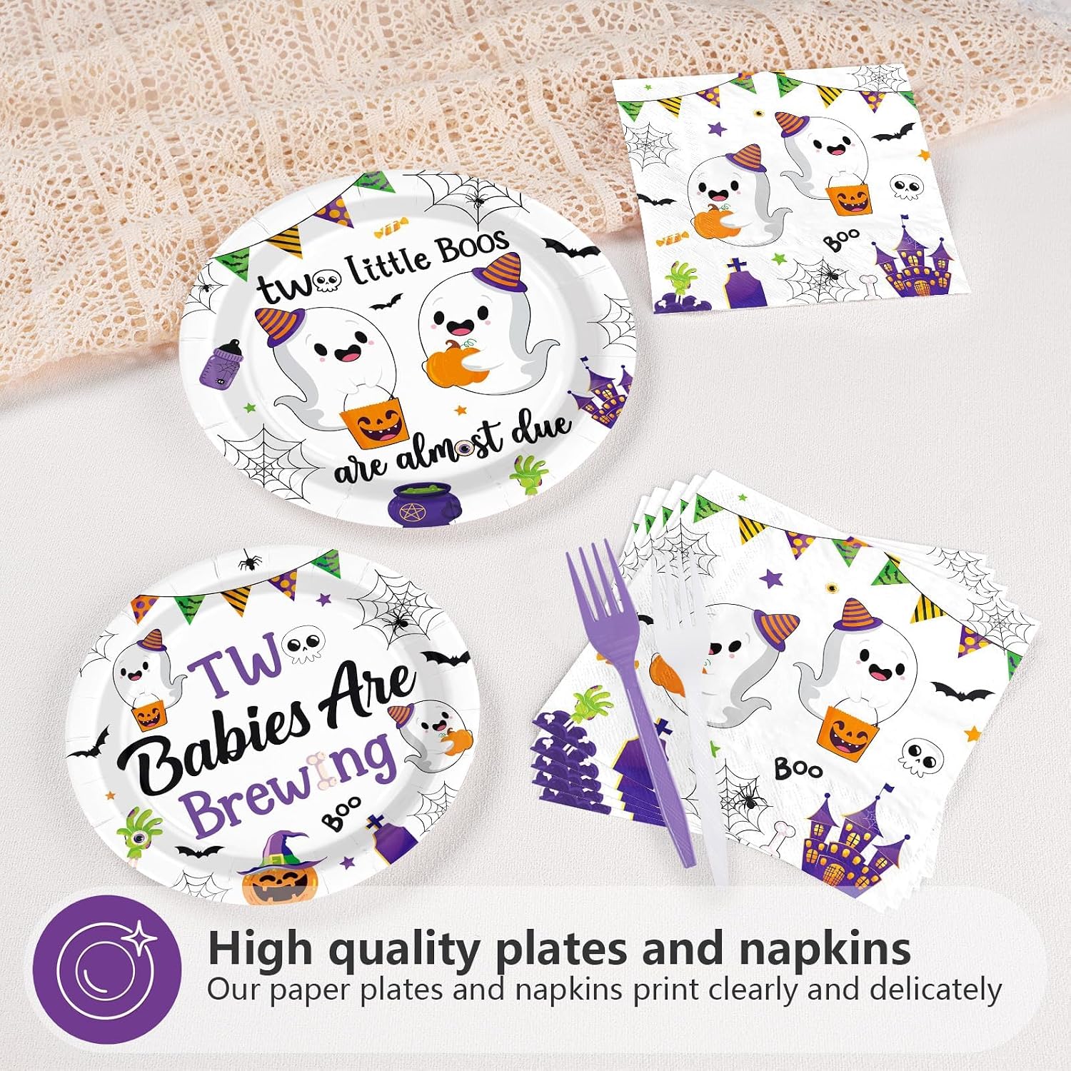 350 GSM heavyweight Halloween twins baby shower plates