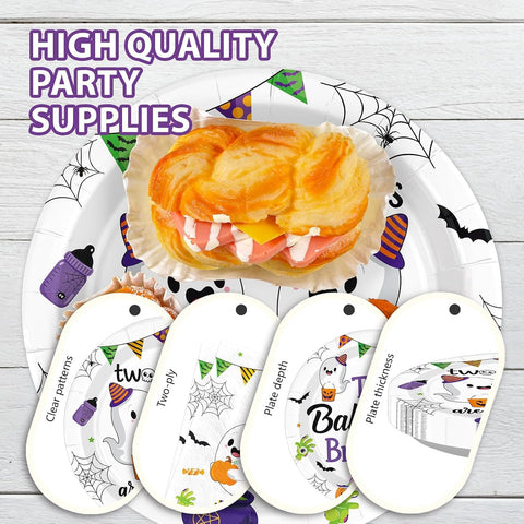 Halloween twins baby shower table with plates and napkins