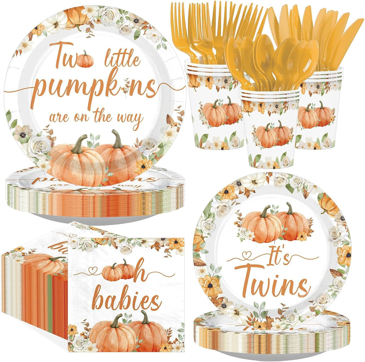 168Pcs two little pumpkins twins baby shower tableware set