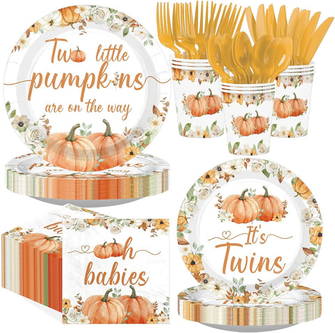168Pcs two little pumpkins twins baby shower tableware set