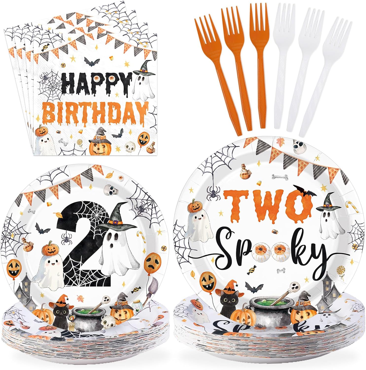 Greencian 96Pcs Two Spooky Halloween 2nd Birthday Plates Napkins - Grencian