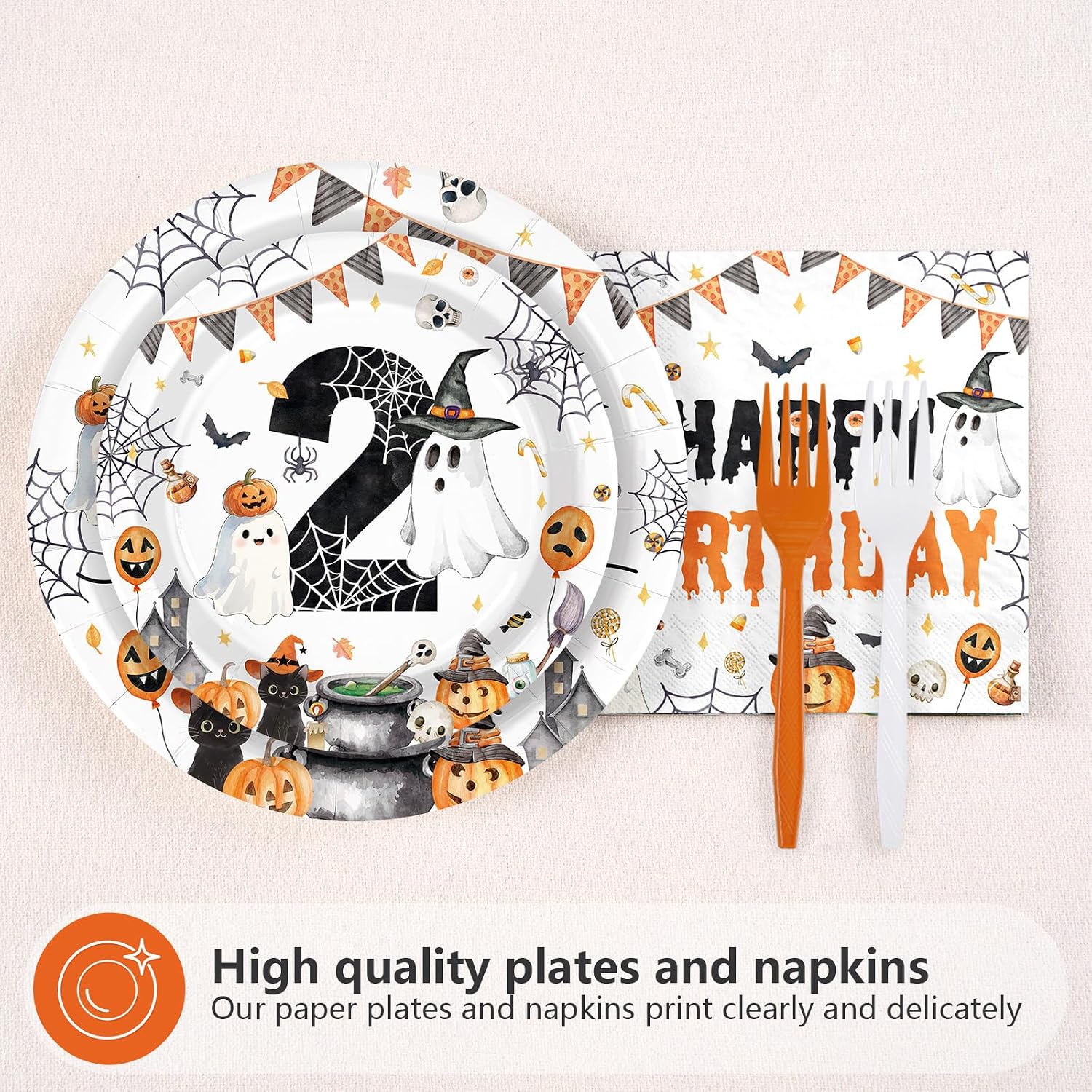 Greencian 96Pcs Two Spooky Halloween 2nd Birthday Plates Napkins - Grencian
