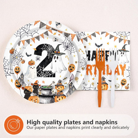 Greencian 96Pcs Two Spooky Halloween 2nd Birthday Plates Napkins - Grencian