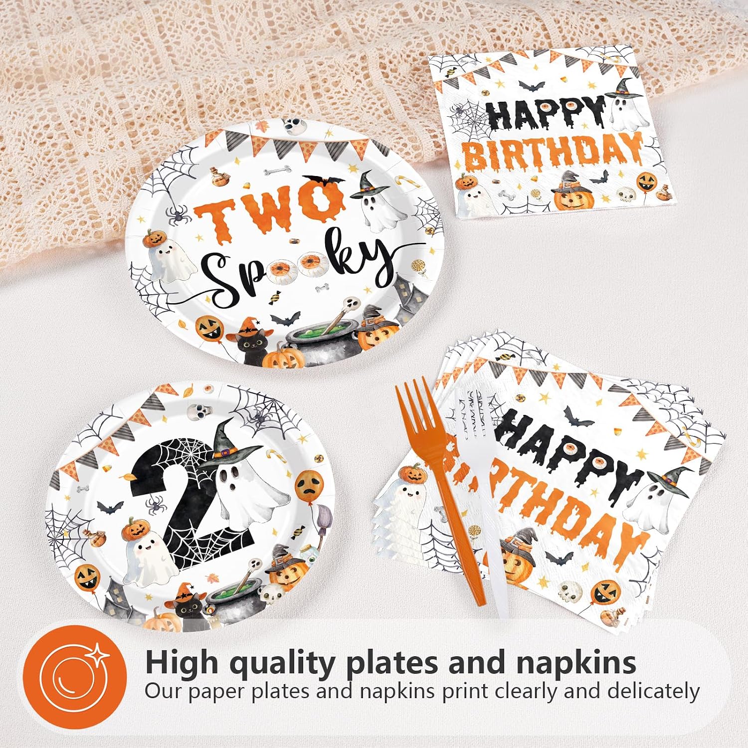 Greencian 96Pcs Two Spooky Halloween 2nd Birthday Plates Napkins - Grencian