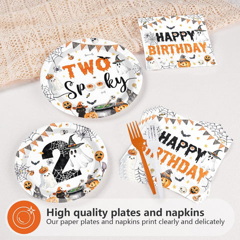 Greencian 96Pcs Two Spooky Halloween 2nd Birthday Plates Napkins - Grencian