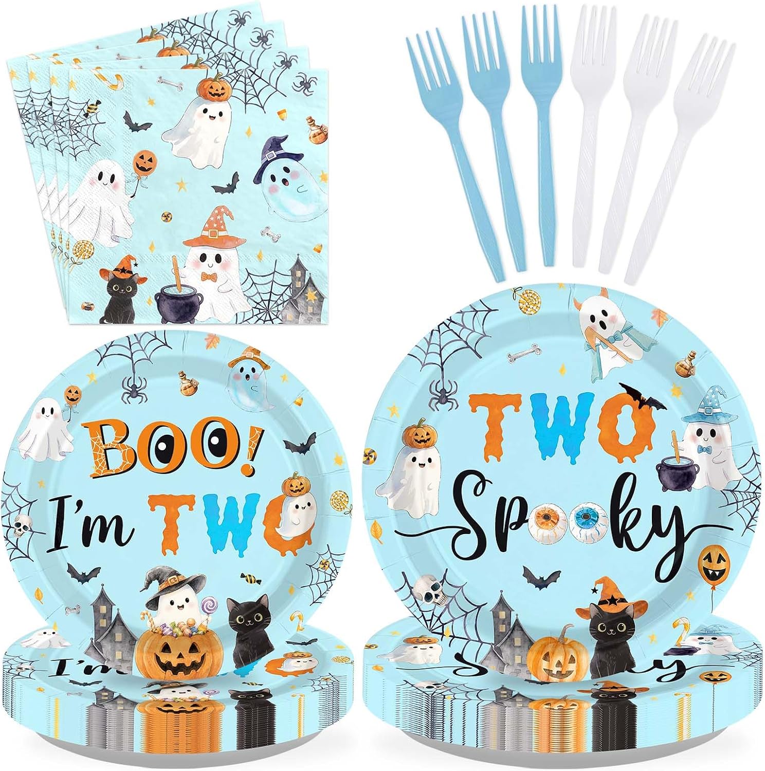 Grencian 96Pcs Two Spooky Halloween 2nd Birthday Plates Set