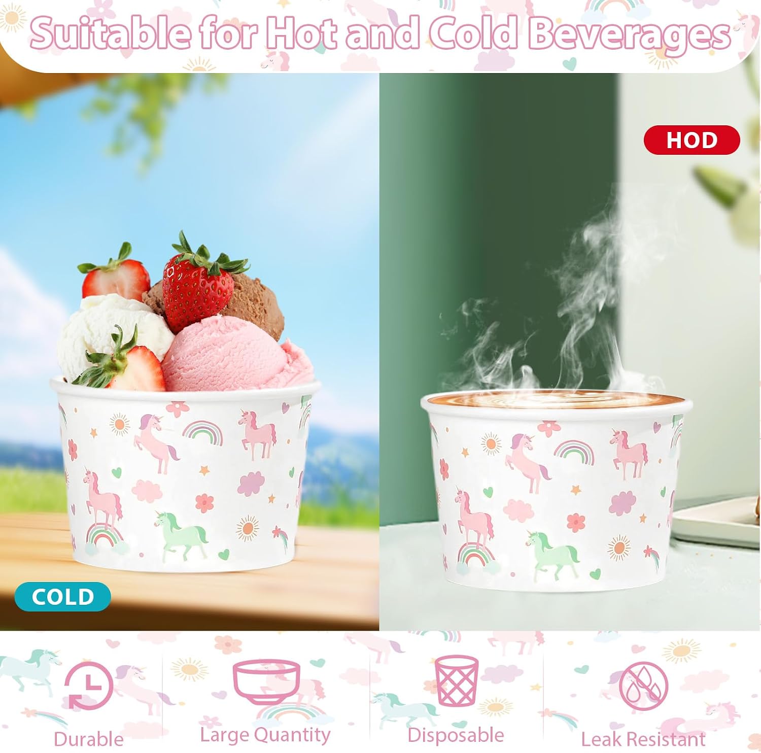 Close-up of unicorn rainbow paper cup for sundaes and snacks