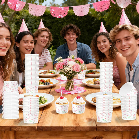 Kids birthday baby shower picnic party scene with unicorn cups