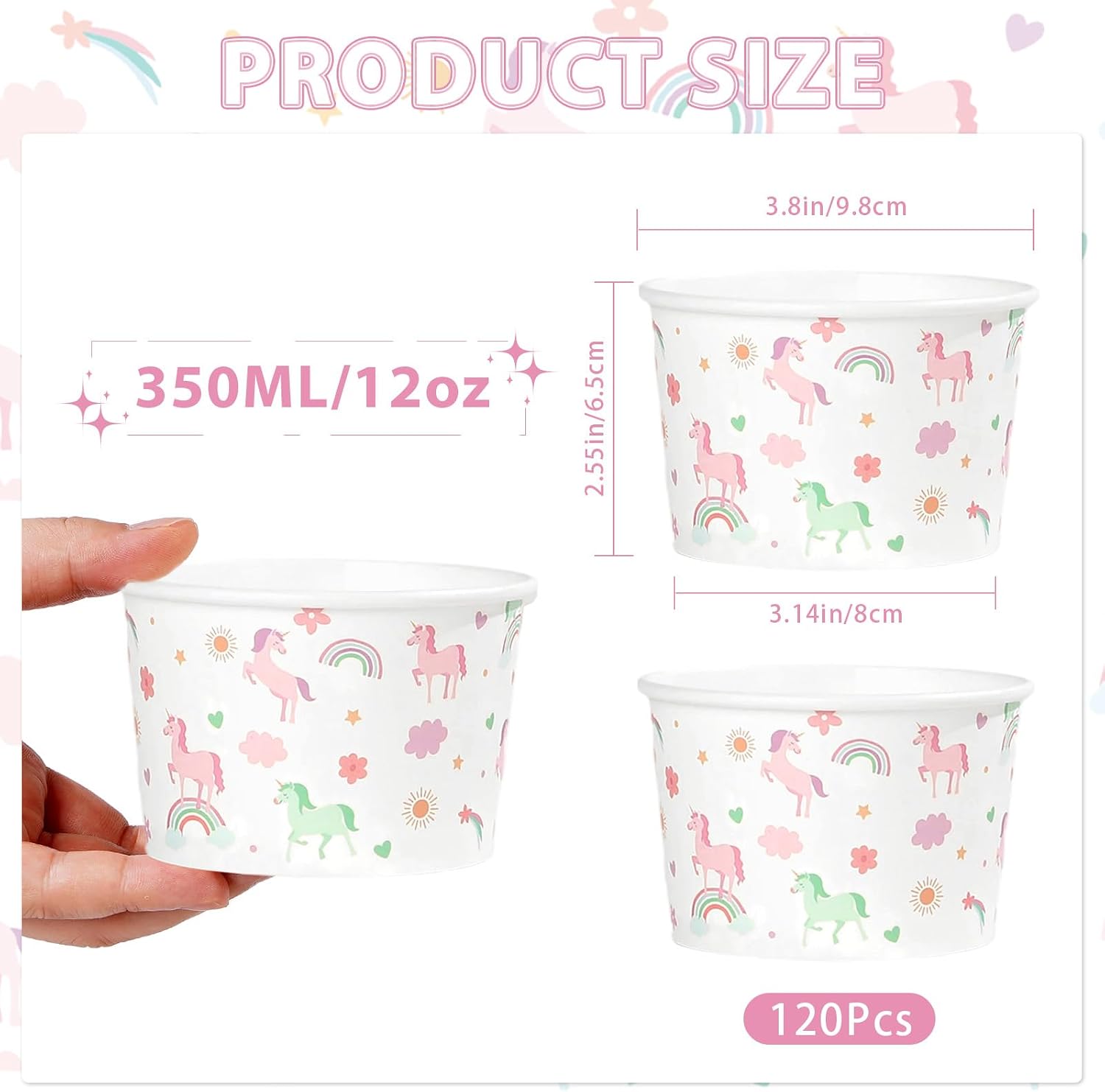 Unicorn dessert cups filled with ice cream on kids party table