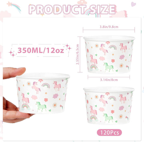Unicorn dessert cups filled with ice cream on kids party table