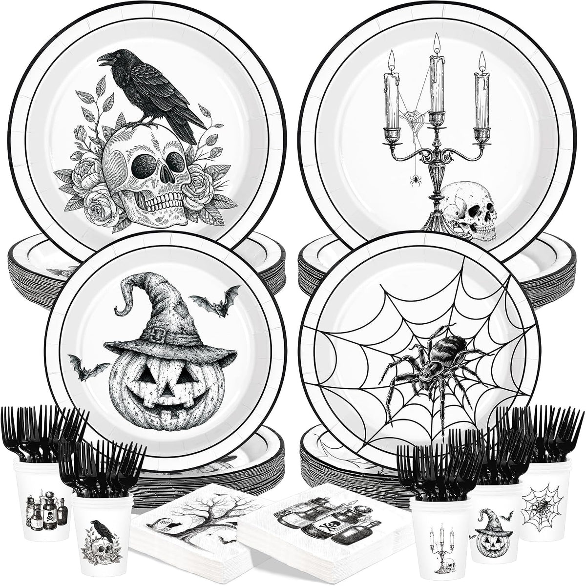 250 piece vintage Halloween party set with gothic line art tableware