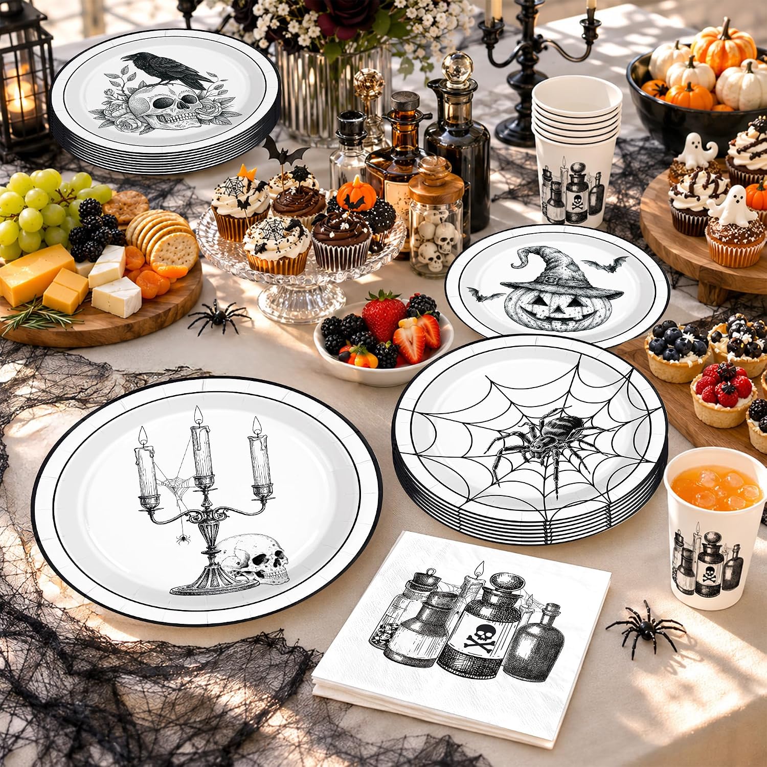 Halloween napkins and cups with vintage line art