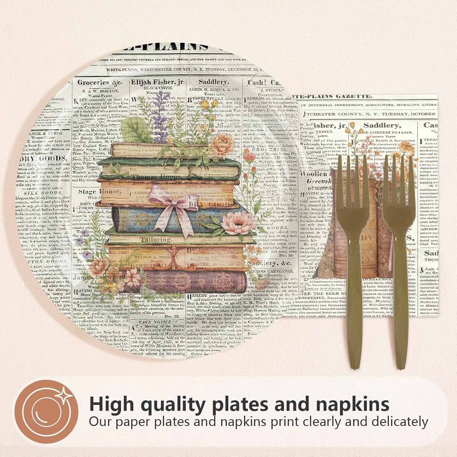 Vintage book themed party tableware set 3