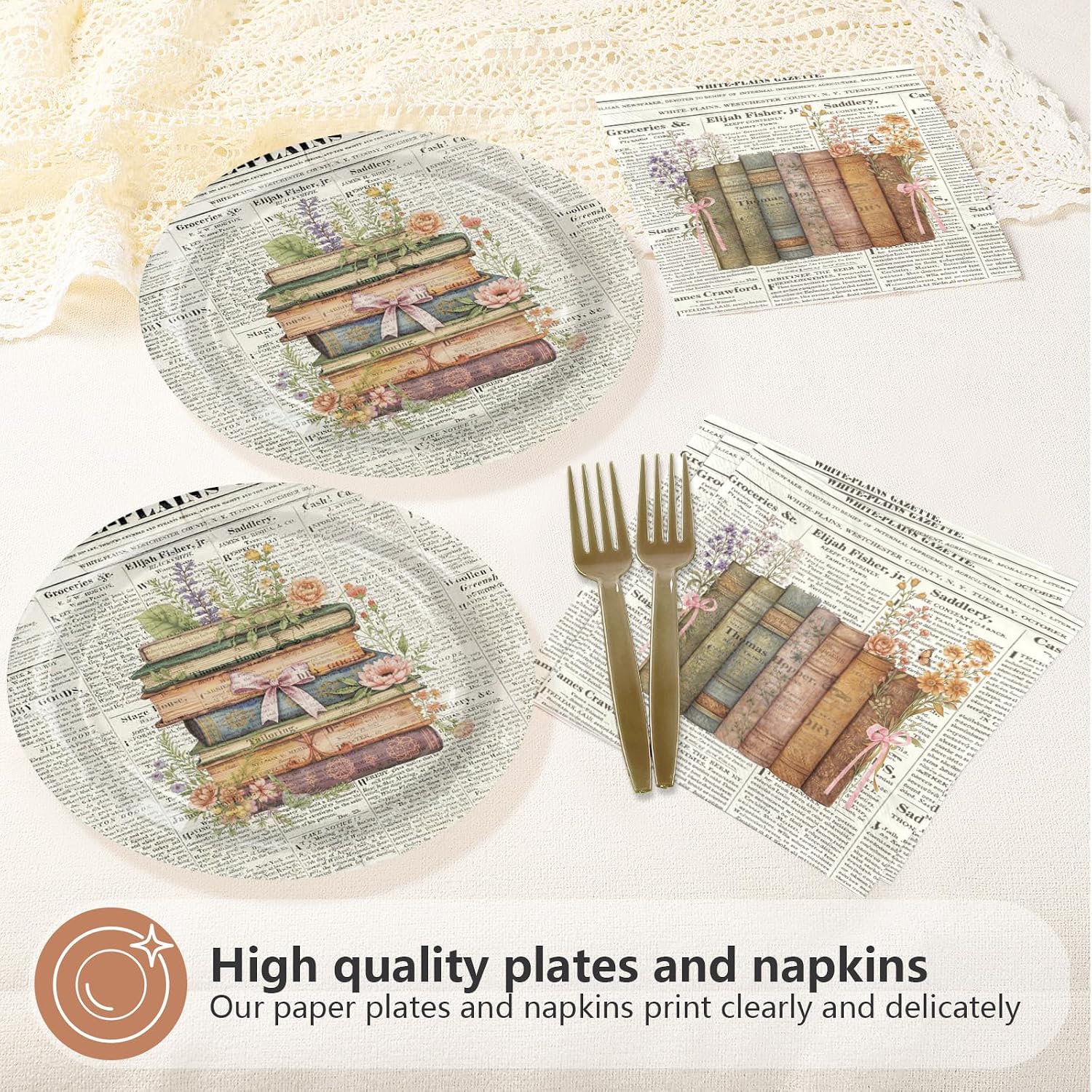 Vintage book themed party tableware set 4