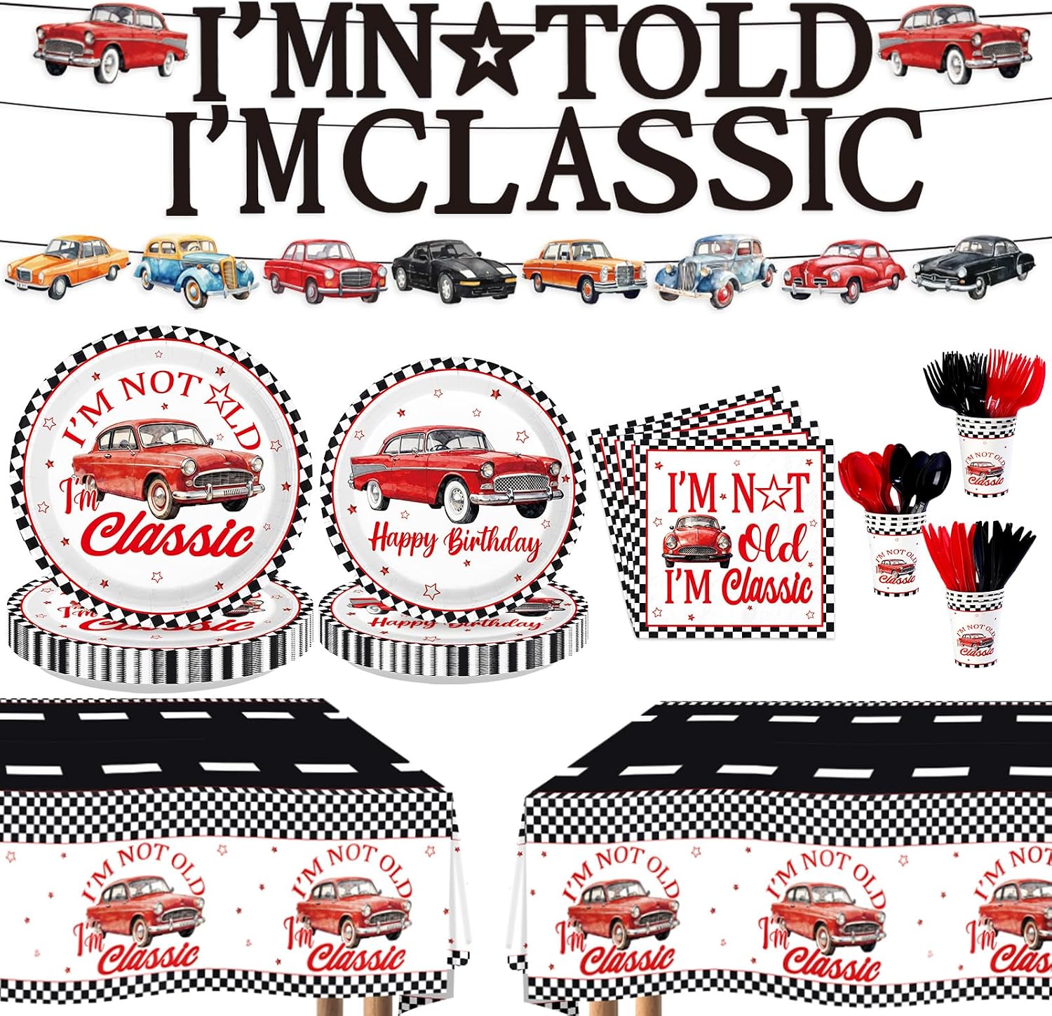 171Pcs Vintage Red Car Birthday Party Supplies Serves 24 - Grencian