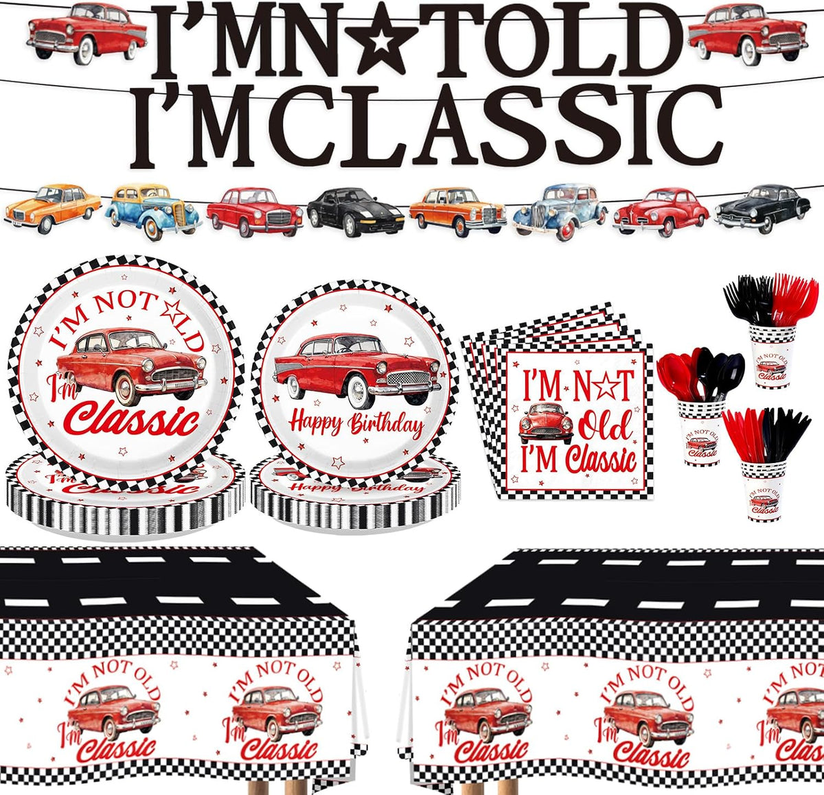 171Pcs Vintage Red Car Birthday Party Supplies Serves 24 - Grencian