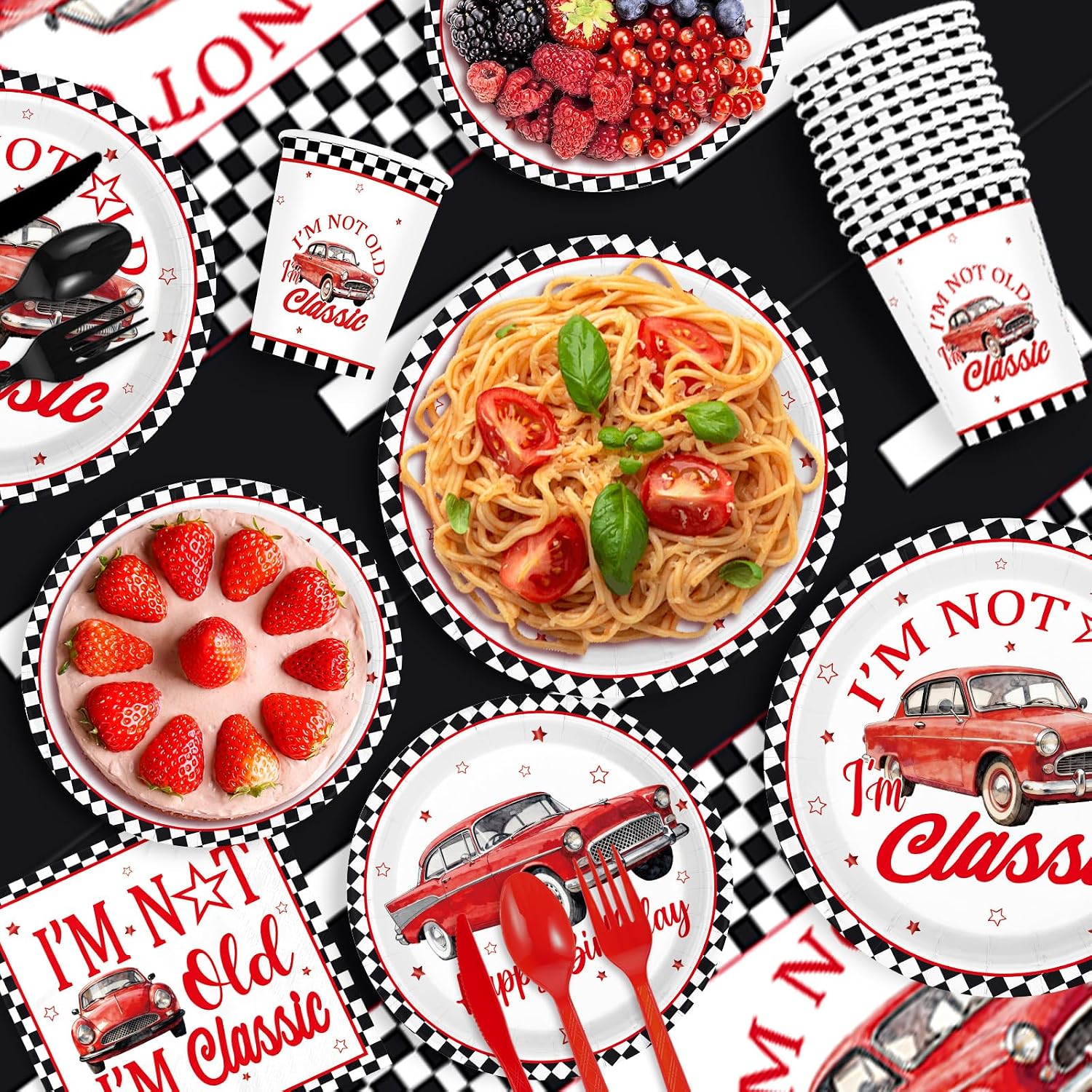171Pcs Vintage Red Car Birthday Party Supplies Serves 24 - Grencian
