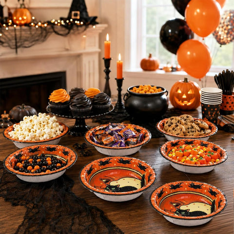Halloween table styled with the orange black vintage cat bowls