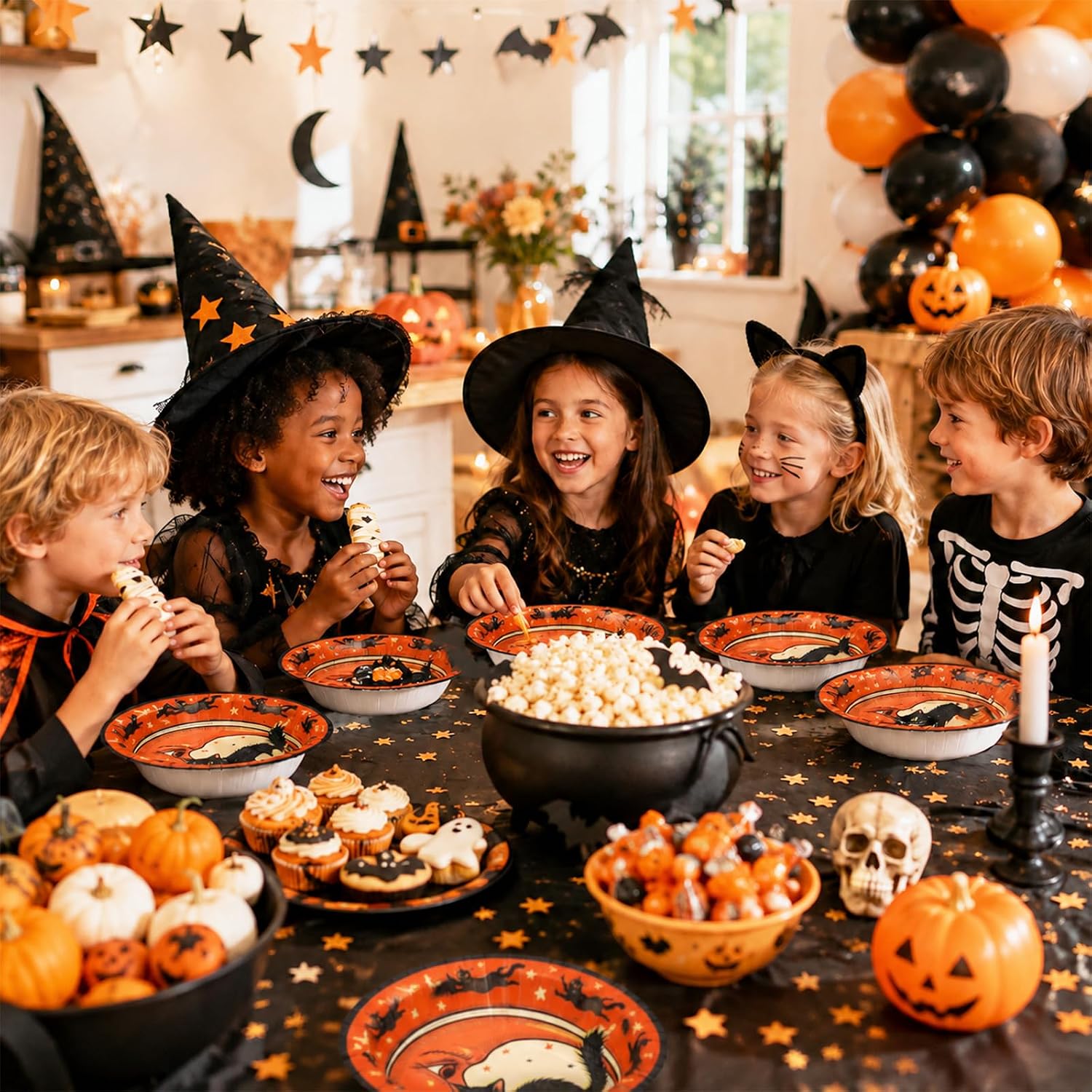 Kids in witch hats eating from the vintage cat paper bowls