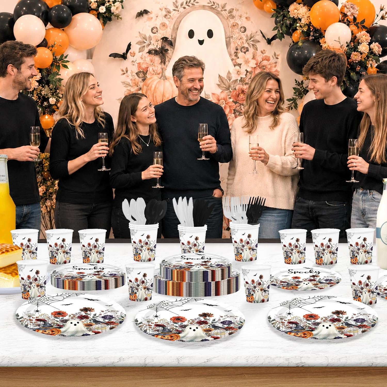 Fall Halloween table laid for 24 guests
