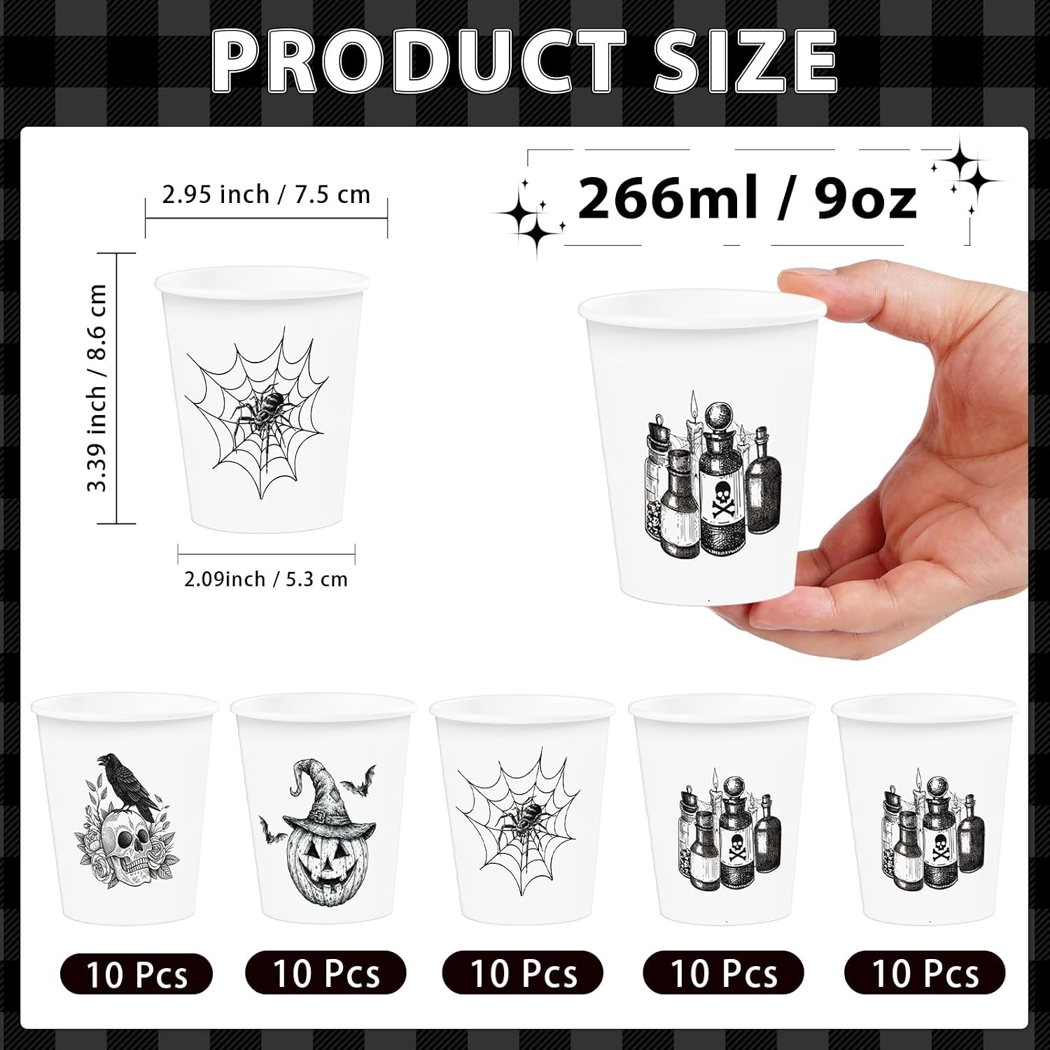 Product size of the 9oz Halloween paper cups with five patterns