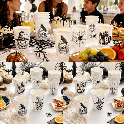 Halloween drinks table set with the vintage paper cups