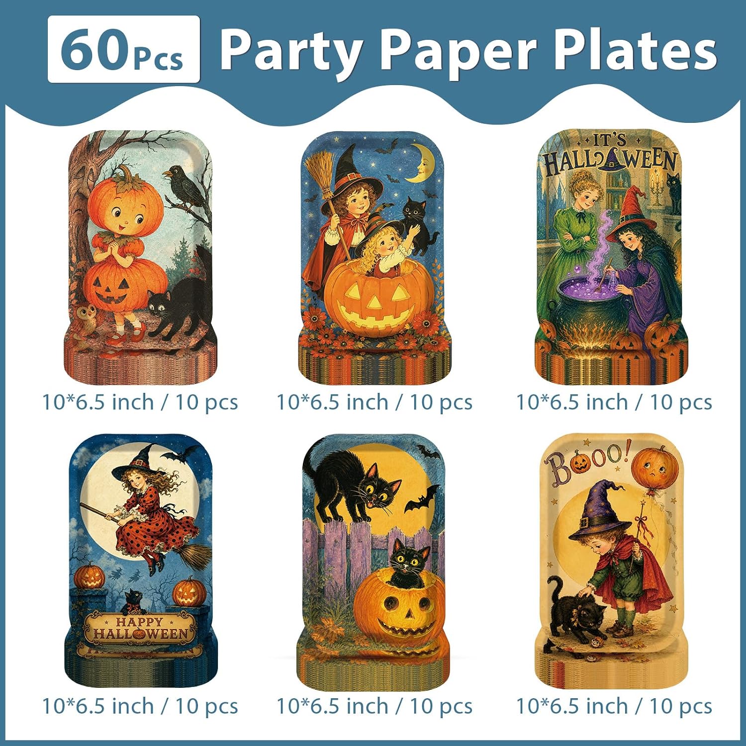 Six retro postcard Halloween plate designs flat lay