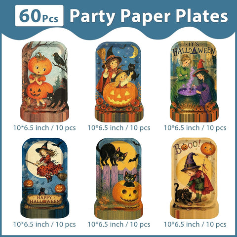 Six retro postcard Halloween plate designs flat lay
