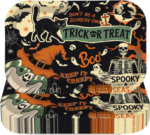 50Pcs Vintage Halloween Rectangular Paper Plates 10x6.5 - Grencian