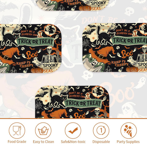 50Pcs Vintage Halloween Rectangular Paper Plates 10x6.5 - Grencian