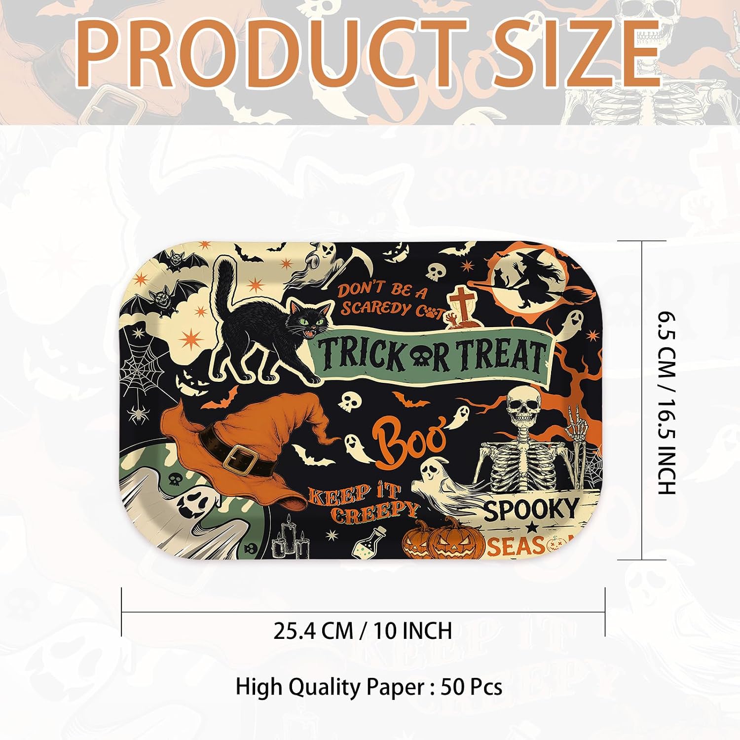 50Pcs Vintage Halloween Rectangular Paper Plates 10x6.5 - Grencian