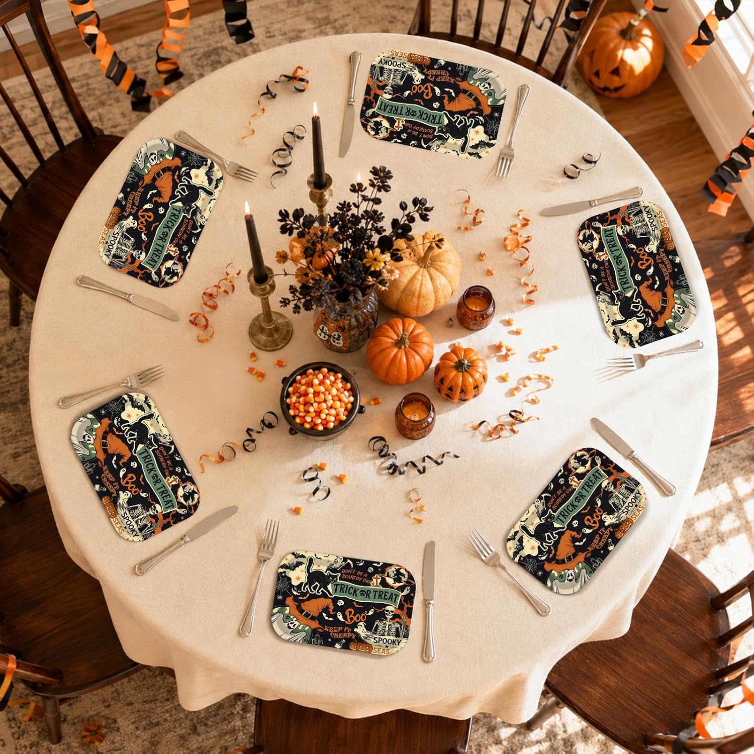 50Pcs Vintage Halloween Rectangular Paper Plates 10x6.5 - Grencian