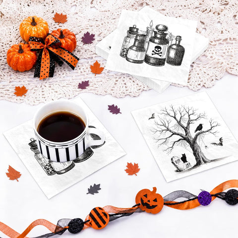 Close up of the vintage spooky tree napkin design