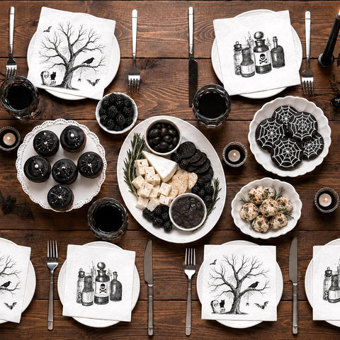 Halloween napkin stack showing the black and white print