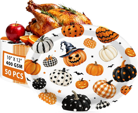 Watercolour pumpkin design on a black oval plate