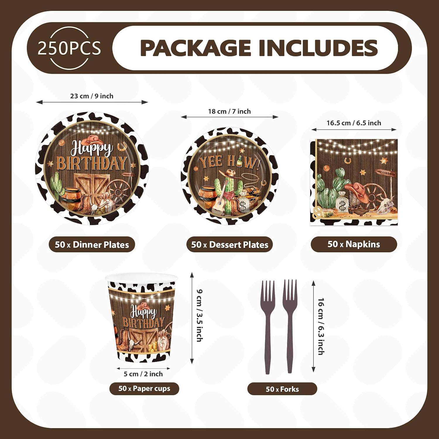 Full set of cowboy rodeo plates napkins cups cutlery flat lay