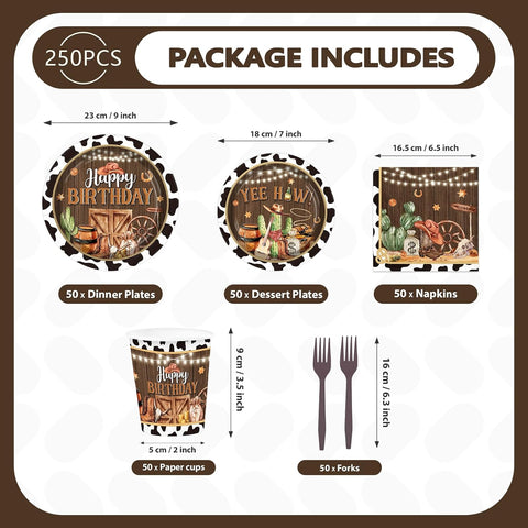 Full set of cowboy rodeo plates napkins cups cutlery flat lay