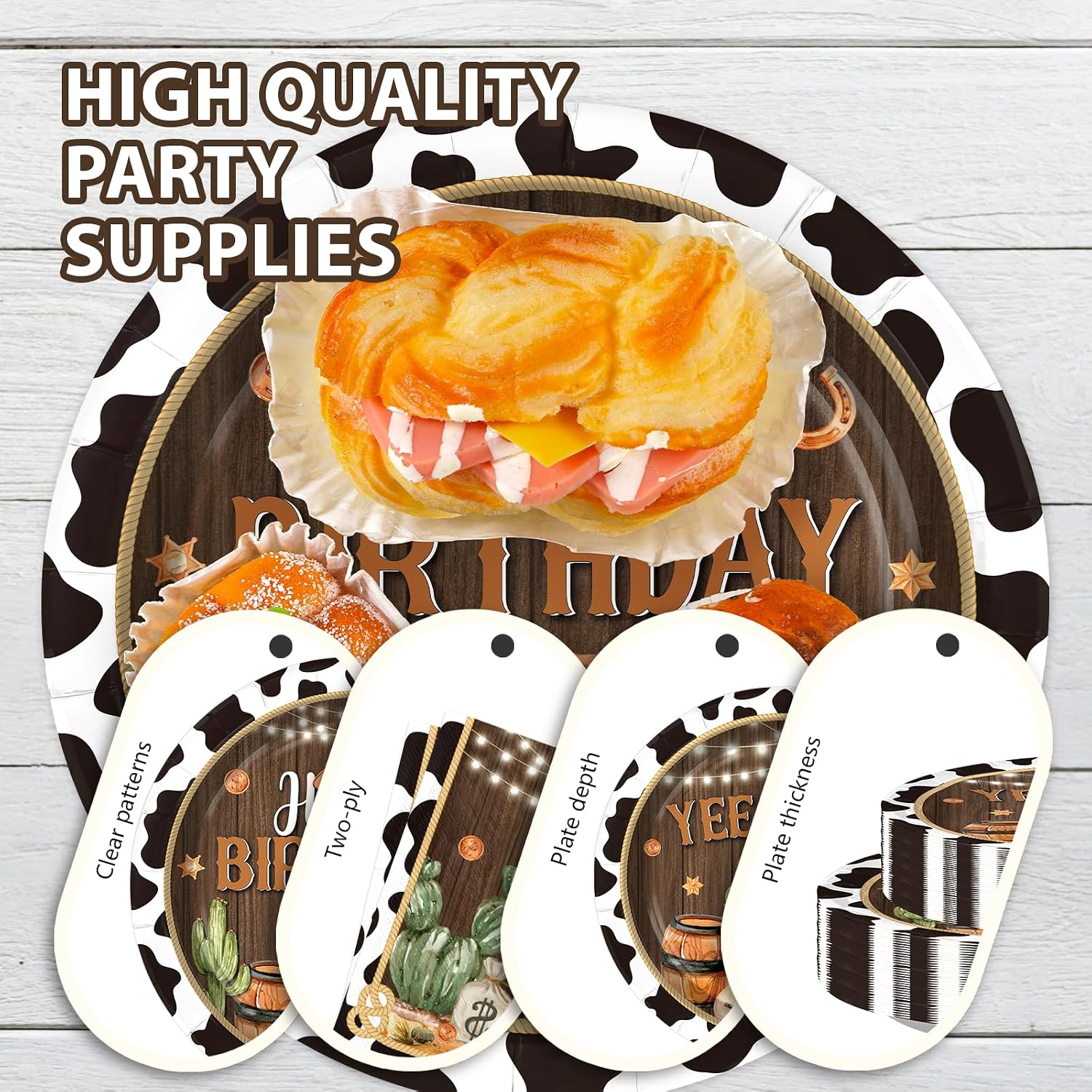 Stack of western cowboy themed plates and napkins