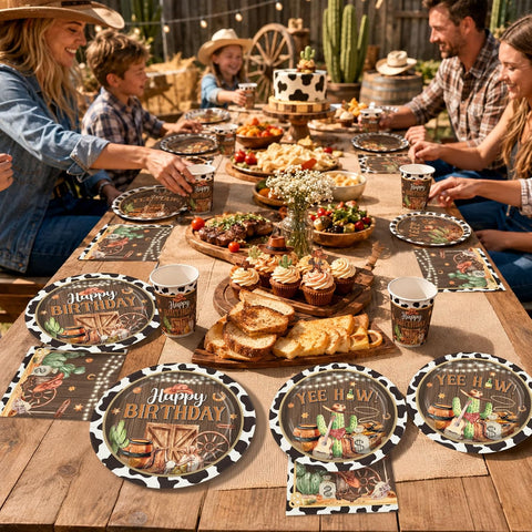 Wild west rodeo party scene with cowboy themed tableware