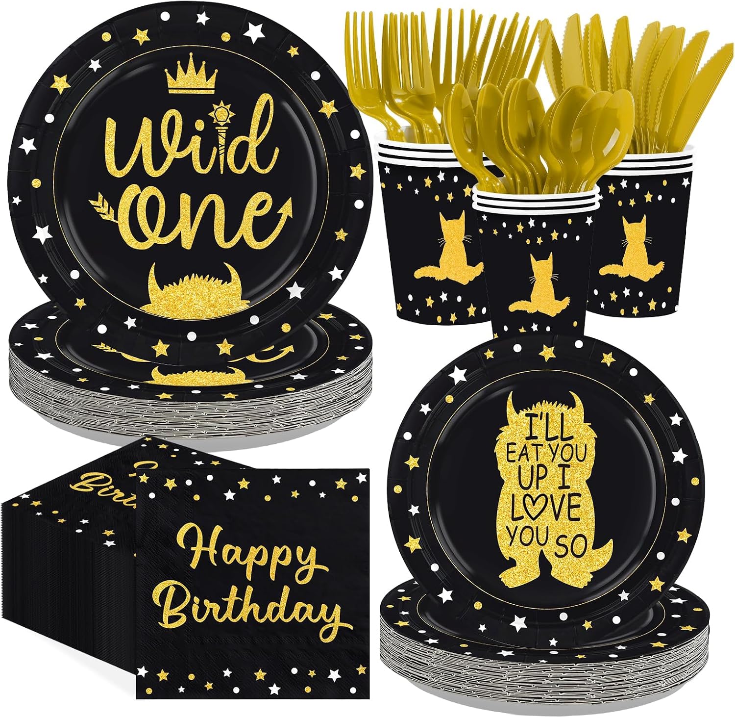 Greencian 168-piece Wild One 1st birthday party supplies with Where The Wild Things Are tableware