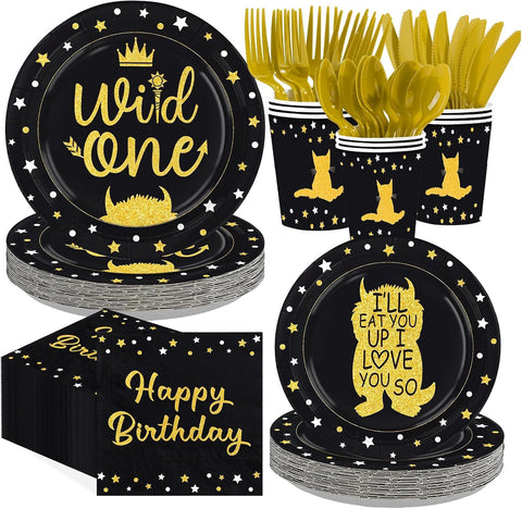 Greencian 168-piece Wild One 1st birthday party supplies with Where The Wild Things Are tableware