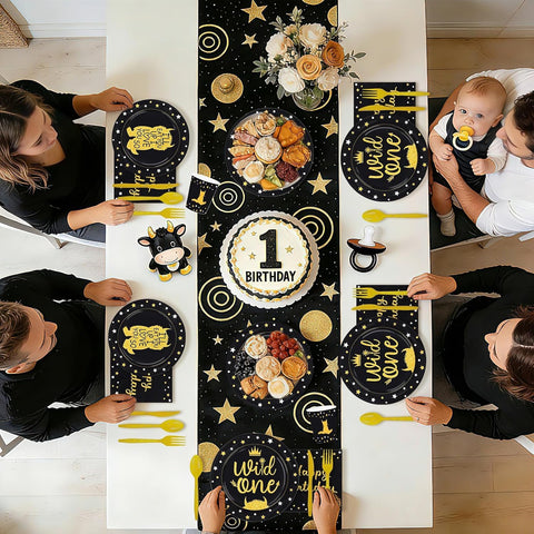 Boy girl first birthday party scene with Wild One tableware
