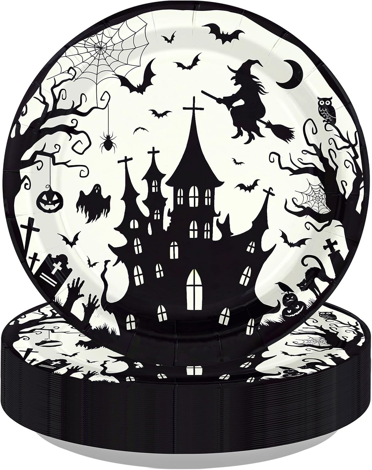 50Pcs Halloween Black Witch Castle Paper Plates 9 Inch - Grencian