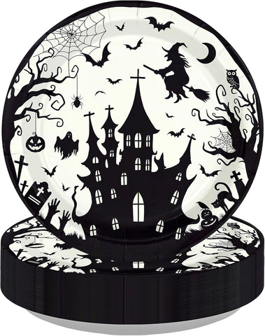 50Pcs Halloween Black Witch Castle Paper Plates 9 Inch - Grencian