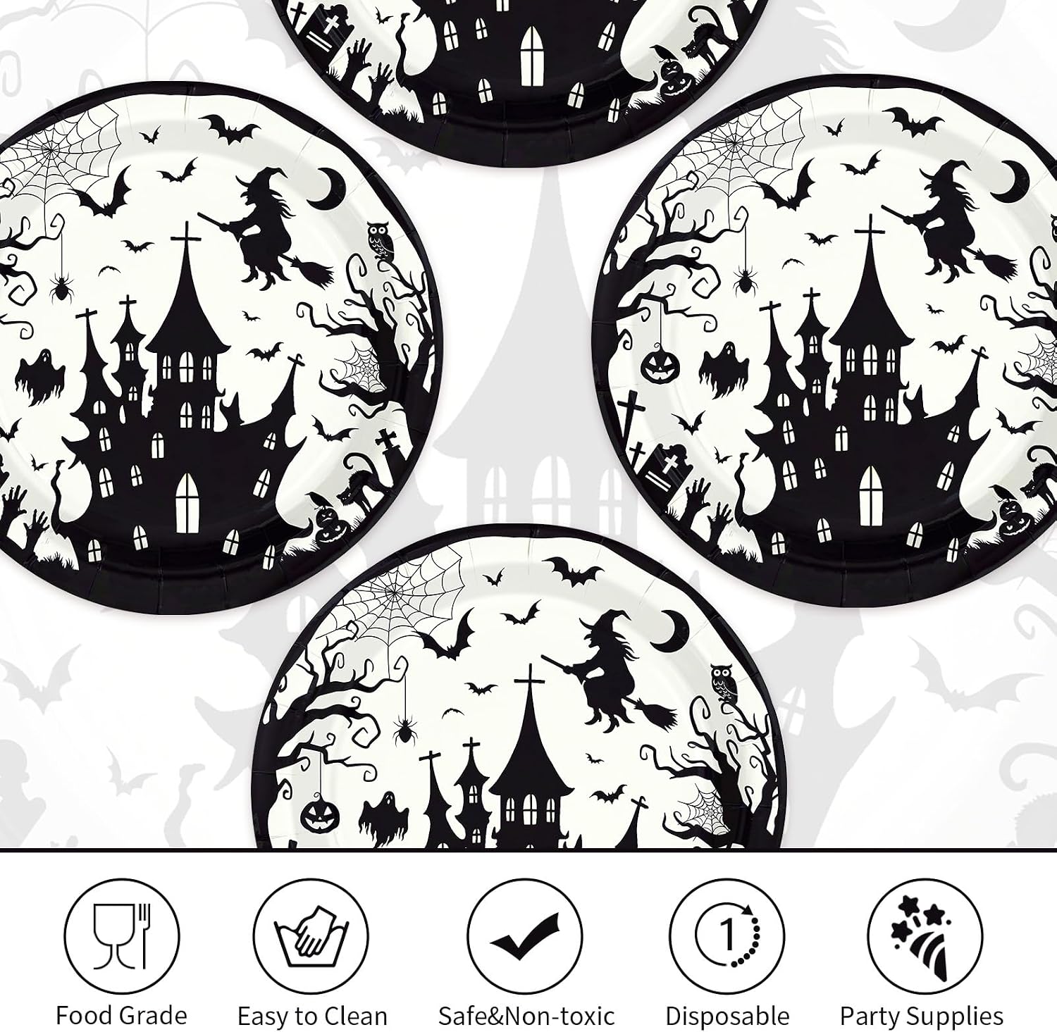 50Pcs Halloween Black Witch Castle Paper Plates 9 Inch - Grencian