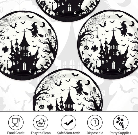 50Pcs Halloween Black Witch Castle Paper Plates 9 Inch - Grencian