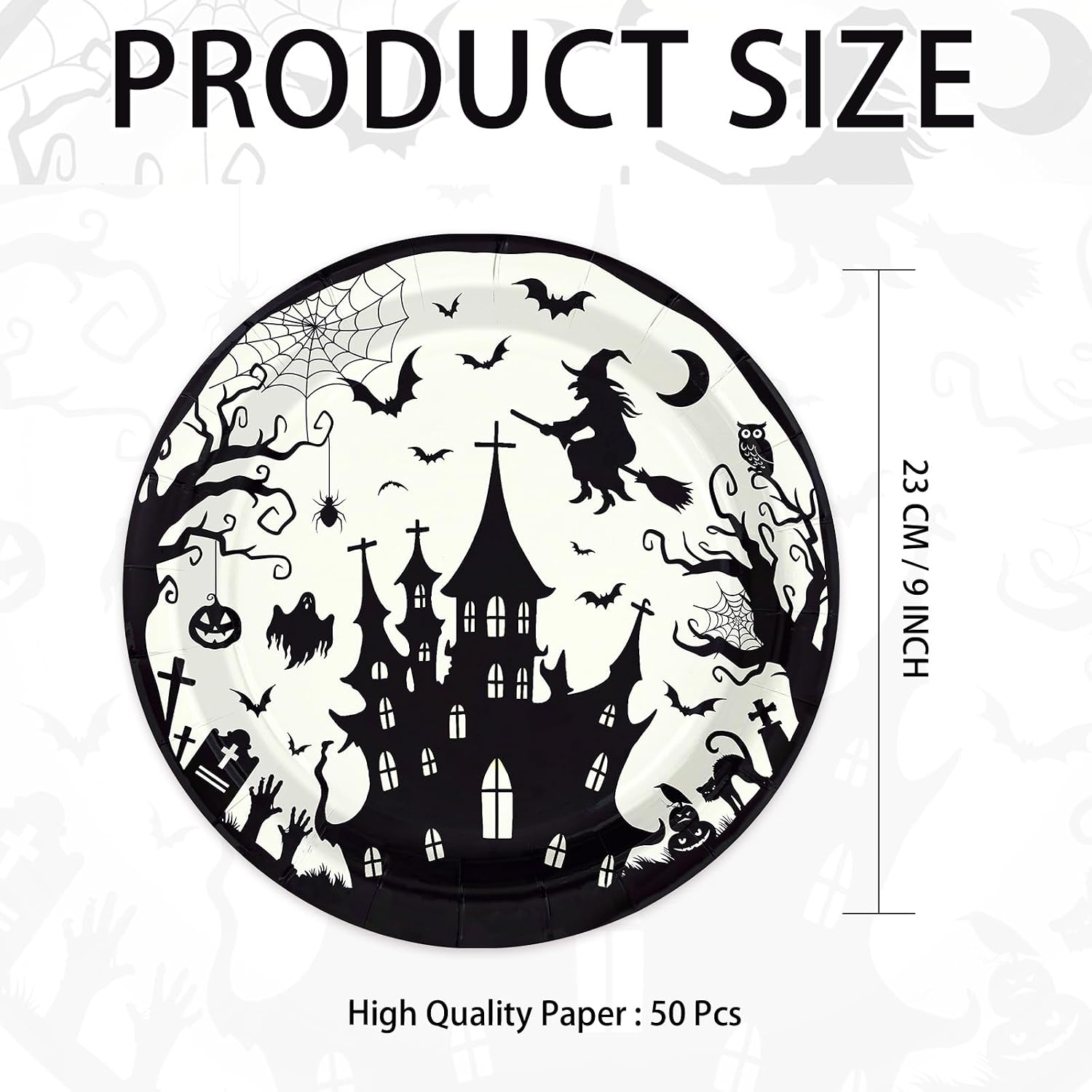 50Pcs Halloween Black Witch Castle Paper Plates 9 Inch - Grencian